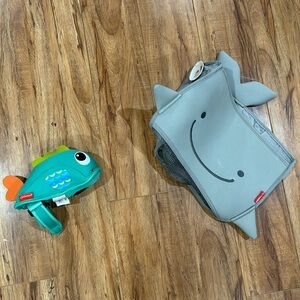 Baby bath tub toy holder and tap cover to protect from bumps